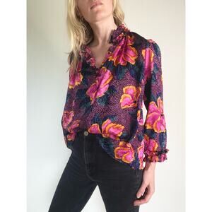 WARM Pink Floral Print Oversized Silk Blouse US Small